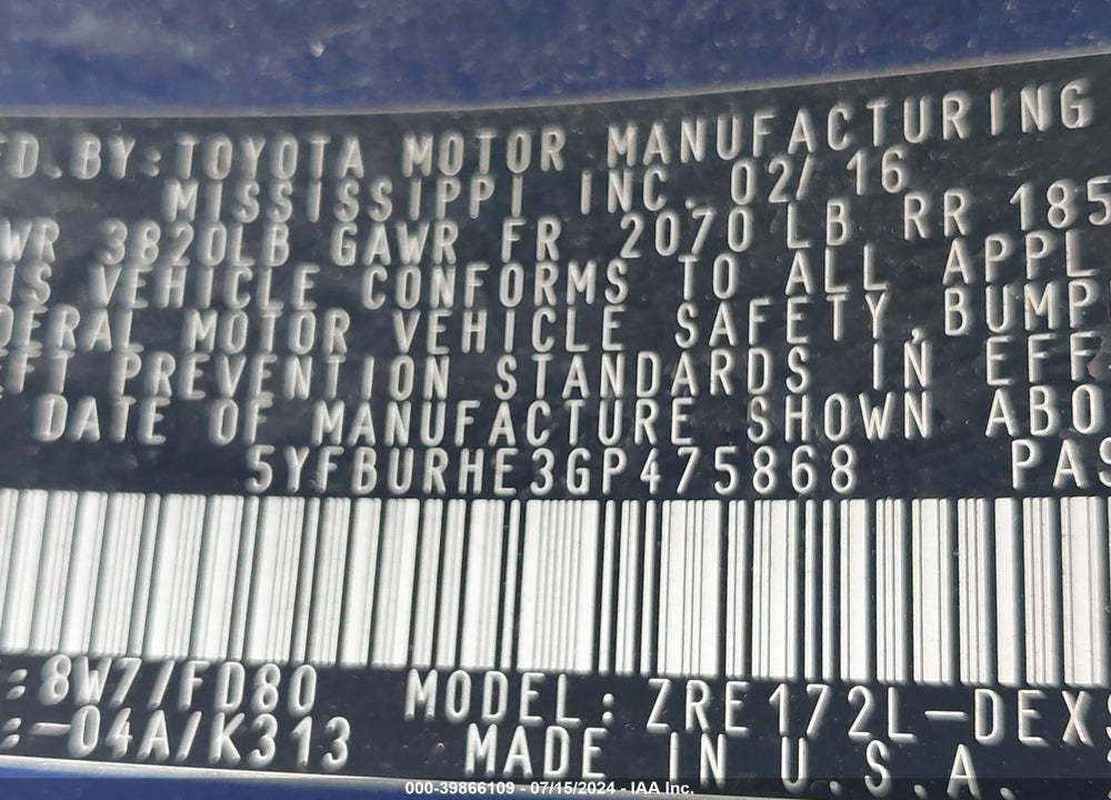 2016 TOYOTA COROLLA S PLUS VIN: 5YFBURHE3GP475868