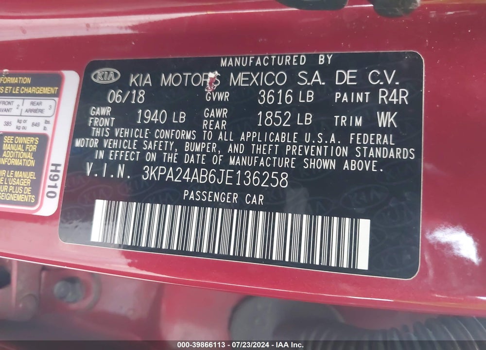2018 KIA RIO S VIN: 3KPA24AB6JE136258