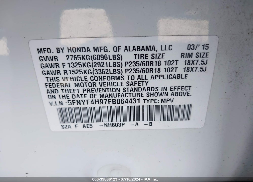 2015 HONDA PILOT TOURING VIN: 5FNYF4H97FB064431