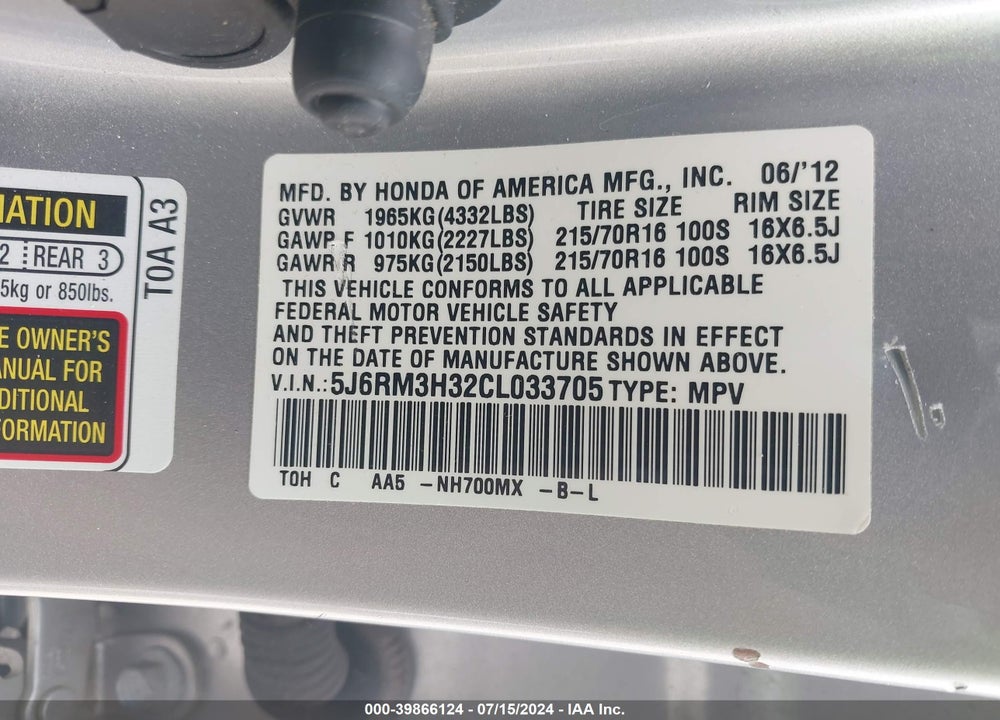 2012 HONDA CR-V LX VIN: 5J6RM3H32CL033705