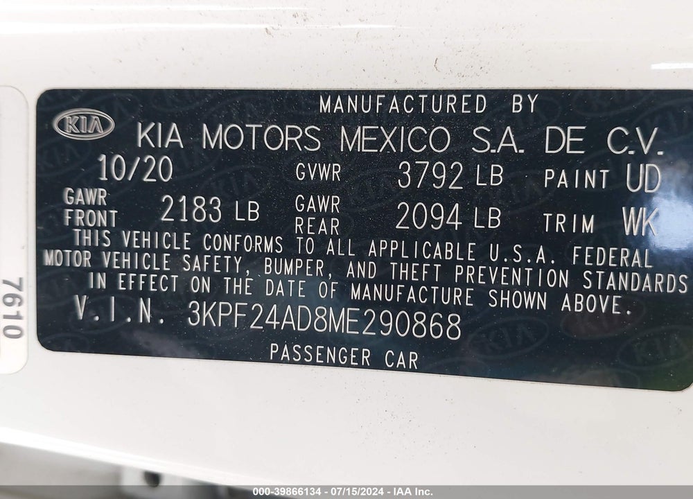 2021 KIA FORTE LXS VIN: 3KPF24AD8ME290868