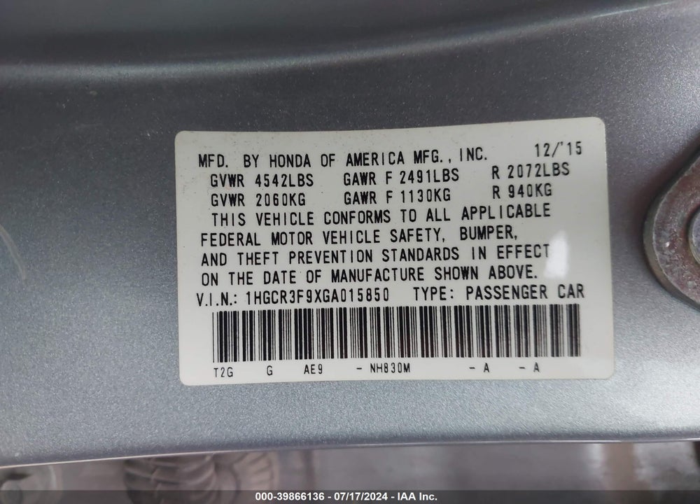 2016 HONDA ACCORD TOURING VIN: 1HGCR3F9XGA015850