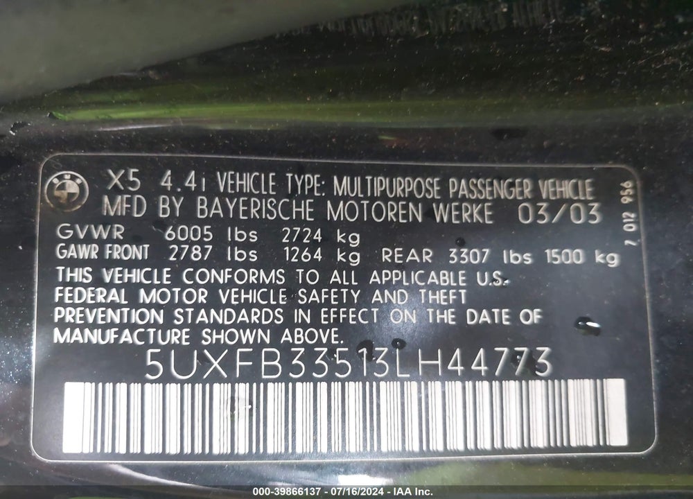 2003 BMW X5 4.4I VIN: 5UXFB33513LH44773