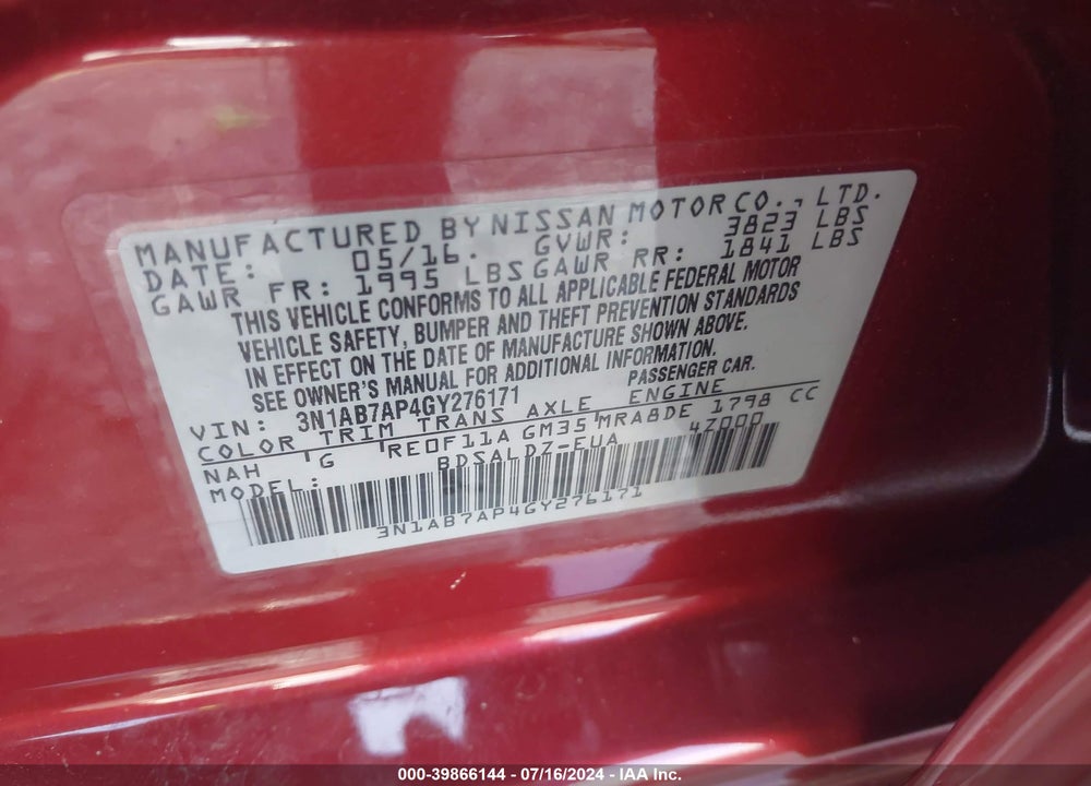 2016 NISSAN SENTRA SV VIN: 3N1AB7AP4GY276171