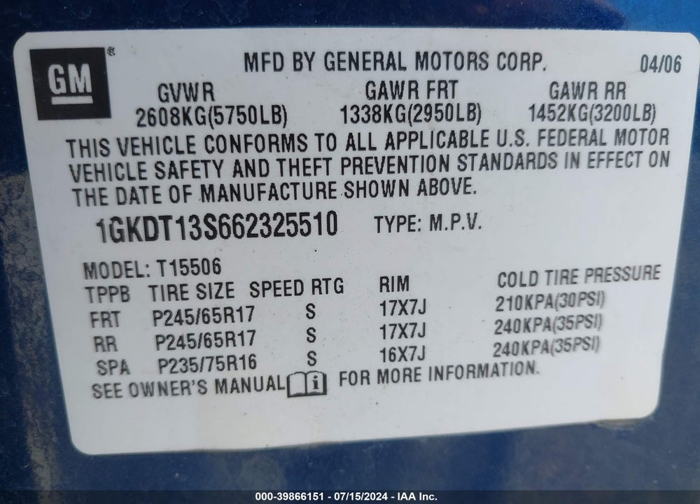 2006 GMC ENVOY SLE VIN: 1GKDT13S662325510