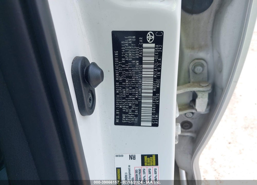 2022 TOYOTA COROLLA SE VIN: 5YFS4MCE5NP107506
