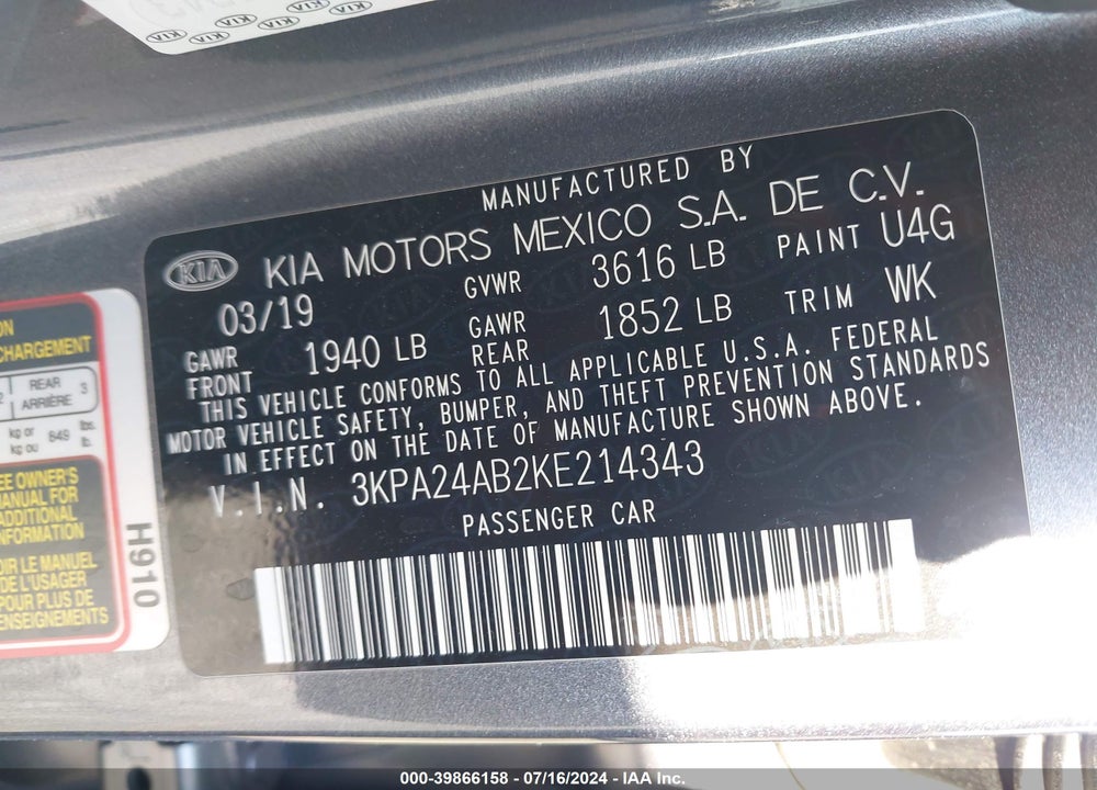 2019 KIA RIO S VIN: 3KPA24AB2KE214343