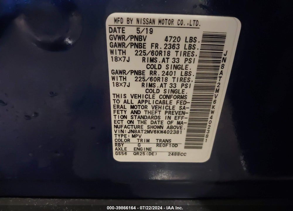 2019 NISSAN ROGUE SV VIN: JN8AT2MV6KW402381