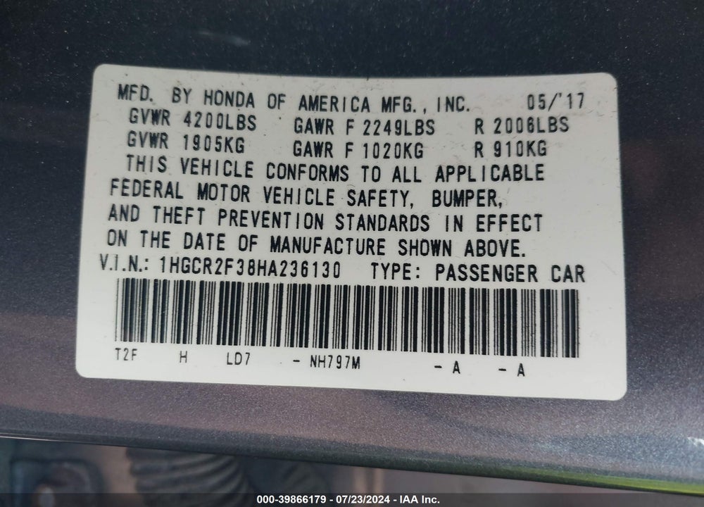 2017 HONDA ACCORD LX VIN: 1HGCR2F38HA236130