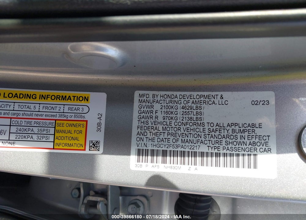 2023 HONDA ACCORD HYBRID SPORT VIN: 1HGCY2F53PA012217