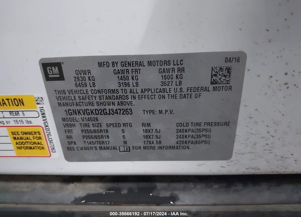 2016 CHEVROLET TRAVERSE 1LT VIN: 1GNKVGKD2GJ347263