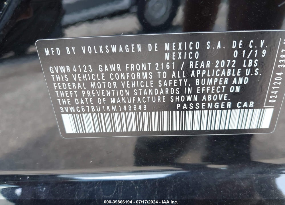 2019 VOLKSWAGEN JETTA 1.4T R-LINE/1.4T S/1.4T SE VIN: 3VWC57BU1KM149649