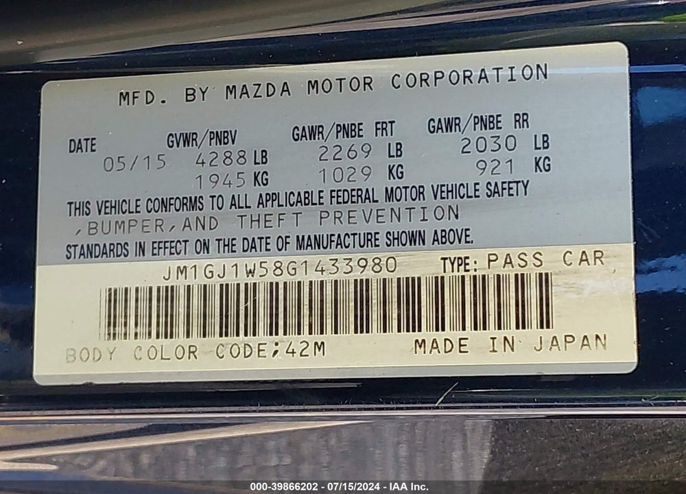 2016 MAZDA 6 I GRAND TOURING VIN: JM1GJ1W58G1433980