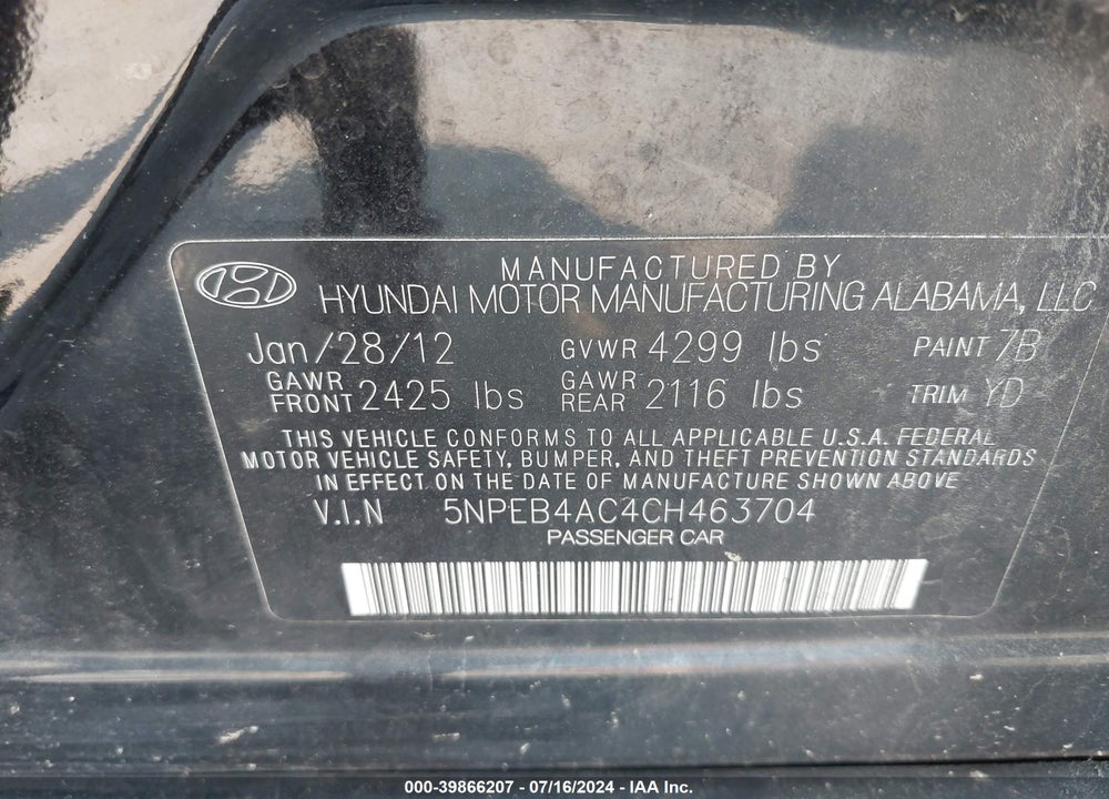 2012 HYUNDAI SONATA GLS VIN: 5NPEB4AC4CH463704