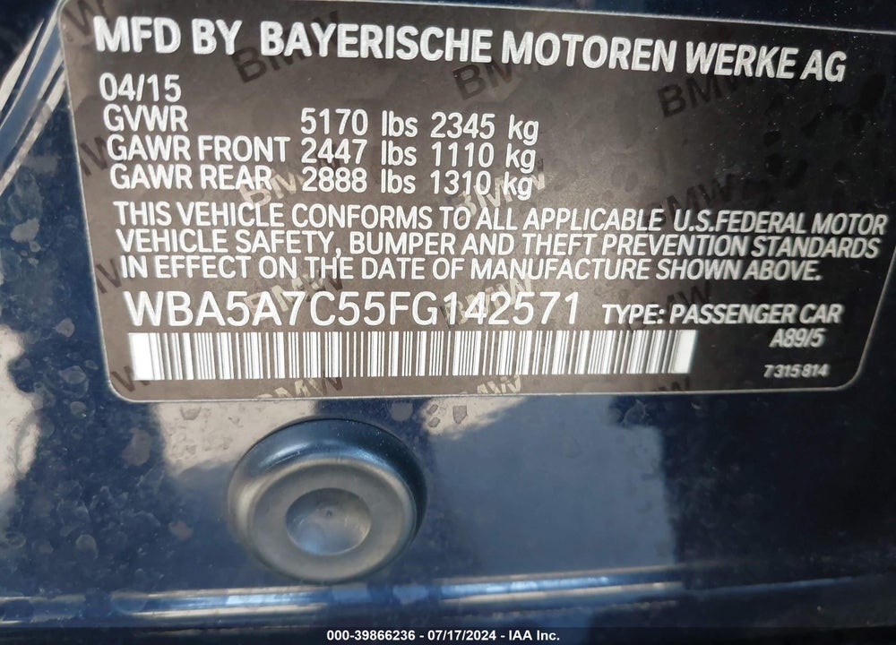 2015 BMW 528I XDRIVE VIN: WBA5A7C55FG142571