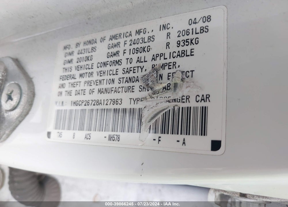 2008 HONDA ACCORD 2.4 EX VIN: 1HGCP26728A127963
