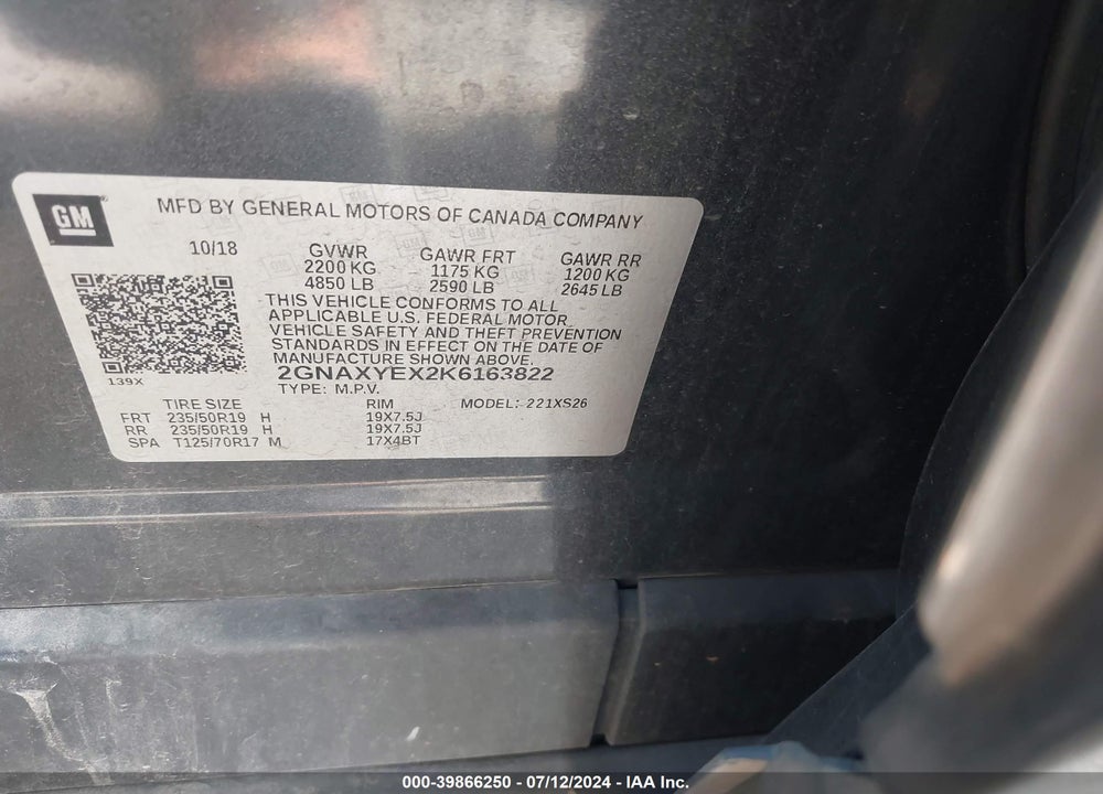 2019 CHEVROLET EQUINOX PREMIER VIN: 2GNAXYEX2K6163822