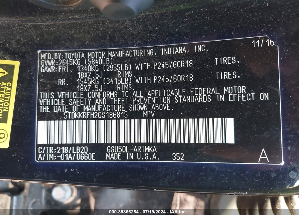 2016 TOYOTA HIGHLANDER XLE V6 VIN: 5TDKKRFH2GS186815