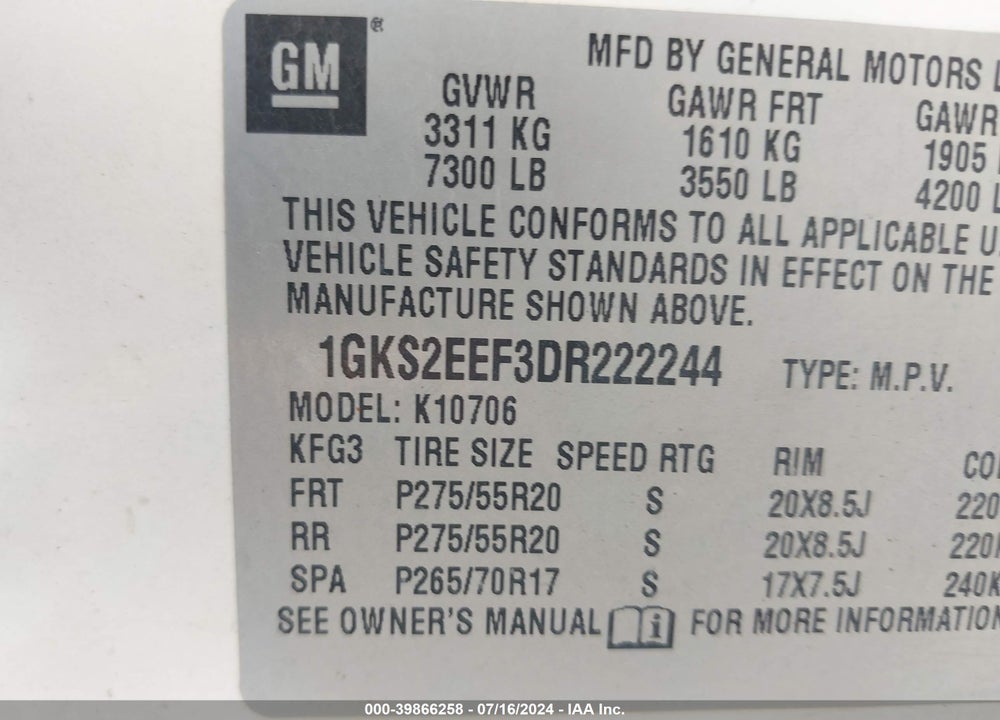 2013 GMC YUKON DENALI VIN: 1GKS2EEF3DR222244