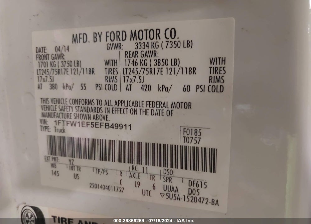 2014 FORD F-150 XL VIN: 1FTFW1EF5EFB49911