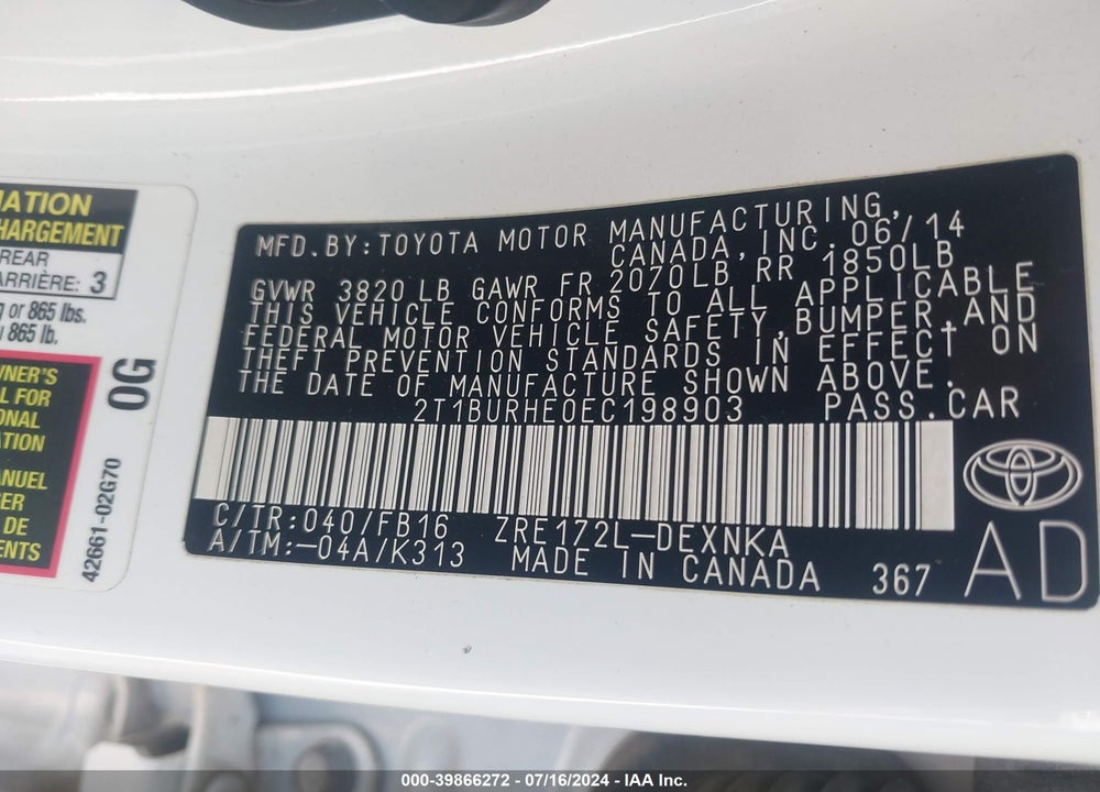 2014 TOYOTA COROLLA LE VIN: 2T1BURHE0EC198903