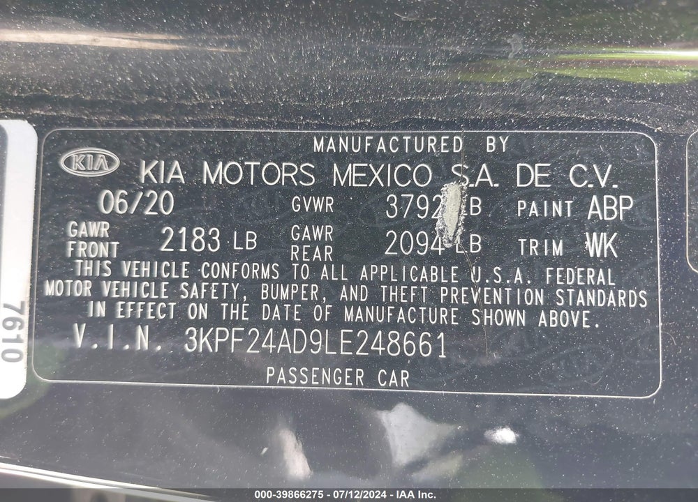 2020 KIA FORTE LXS VIN: 3KPF24AD9LE248661