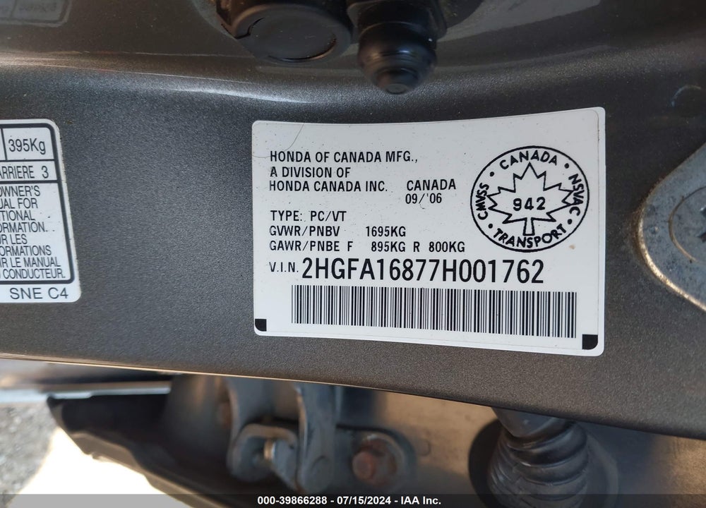 2007 HONDA CIVIC EX VIN: 2HGFA16877H001762