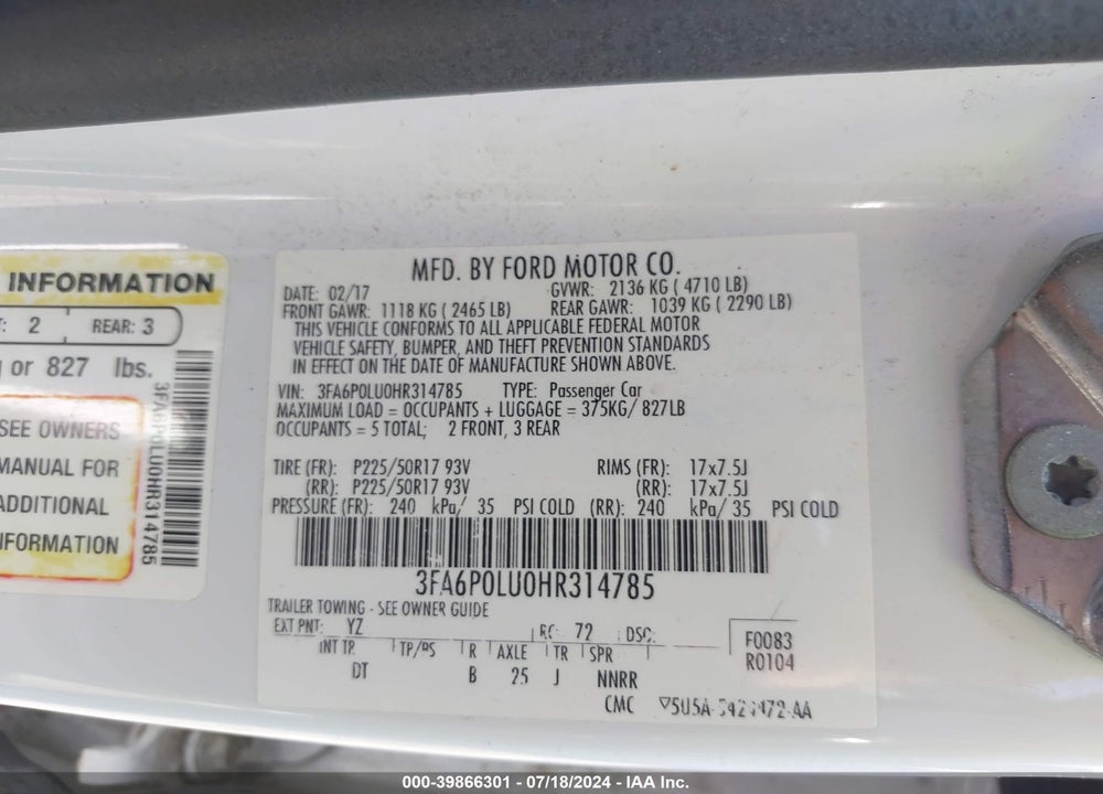 2017 FORD FUSION HYBRID SE VIN: 3FA6P0LU0HR314785