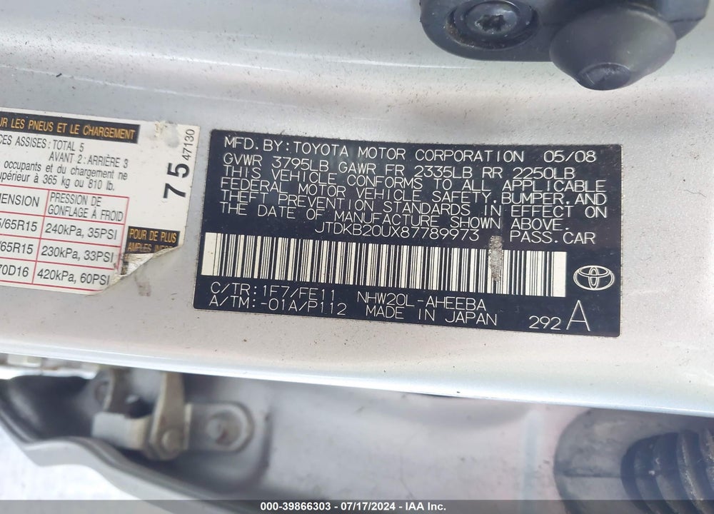 2008 TOYOTA PRIUS VIN: JTDKB20UX87789973