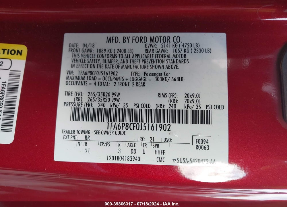 2018 FORD MUSTANG GT PREMIUM VIN: 1FA6P8CF0J5161902