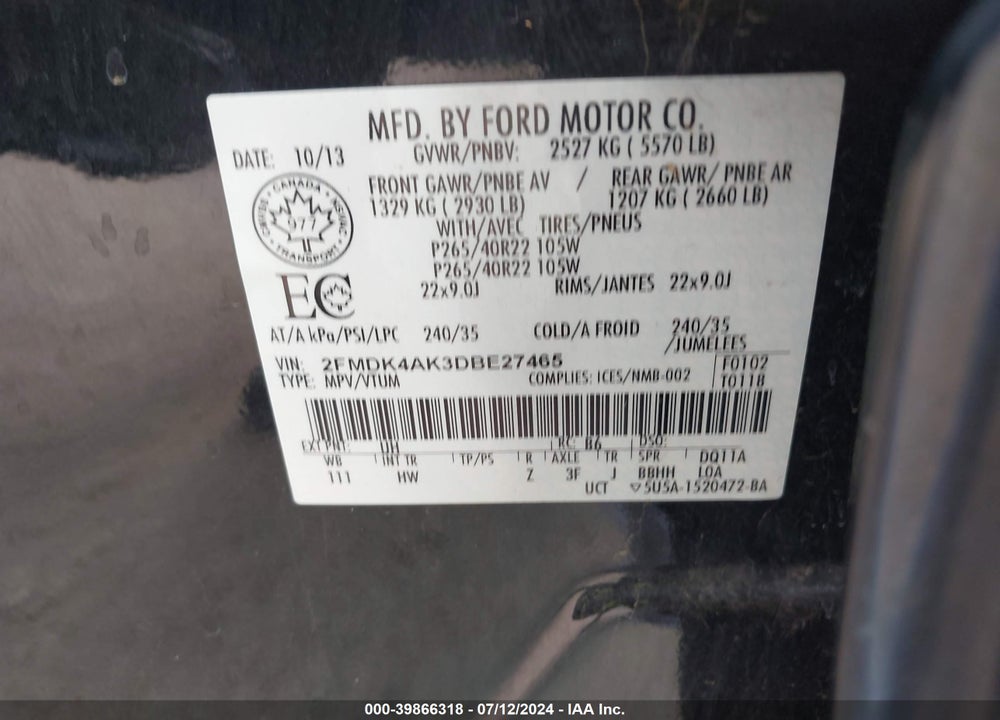 2013 FORD EDGE SPORT VIN: 2FMDK4AK3DBE27465