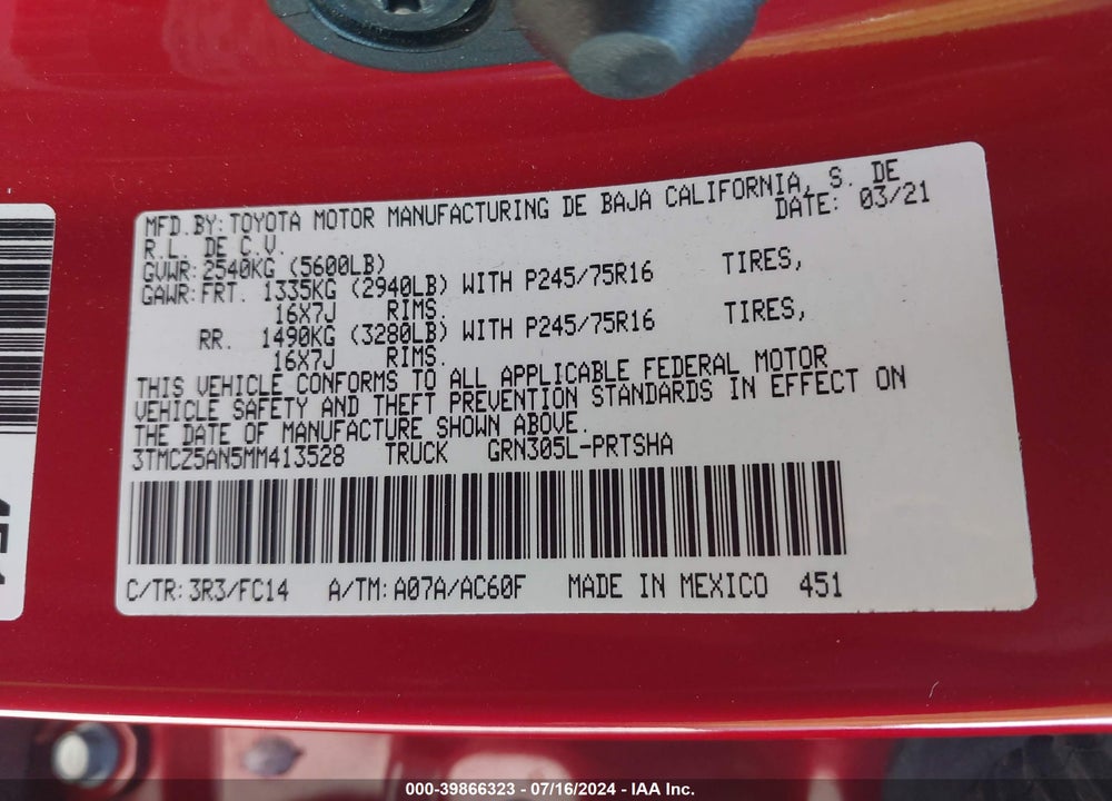 2021 TOYOTA TACOMA SR5 V6 VIN: 3TMCZ5AN5MM413528