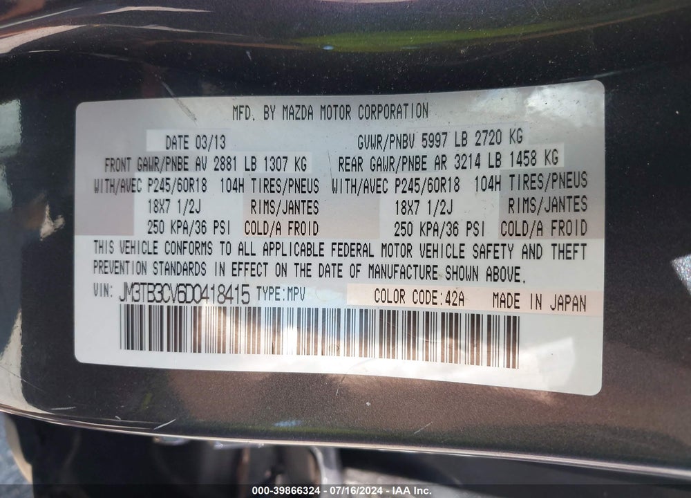 2013 MAZDA CX-9 VIN: JM3TB3CV6D0418415