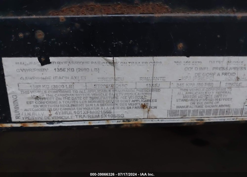 2015 CARRY ON UTILITY TRAILER VIN: 4YMUL101XFM021556
