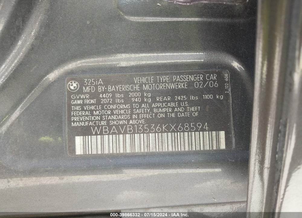 2006 BMW 325I VIN: WBAVB13536KX68594