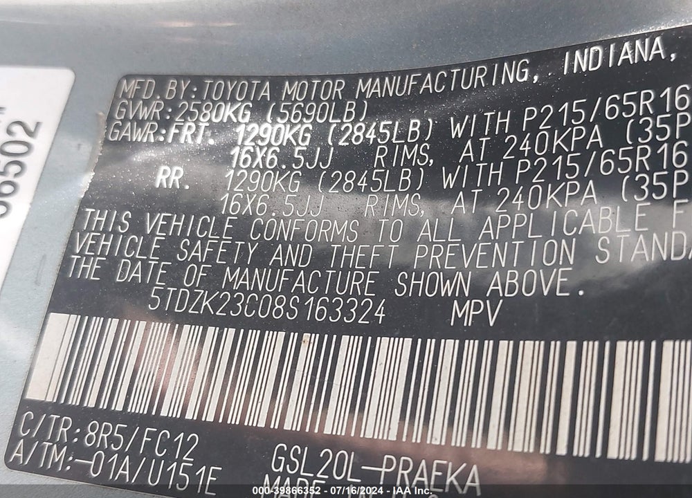 2008 TOYOTA SIENNA LE VIN: 5TDZK23C08S163324