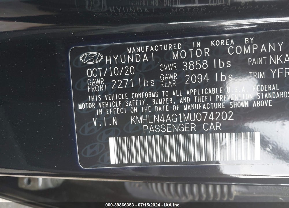 2021 HYUNDAI ELANTRA VIN: KMHLN4AG1MU074202