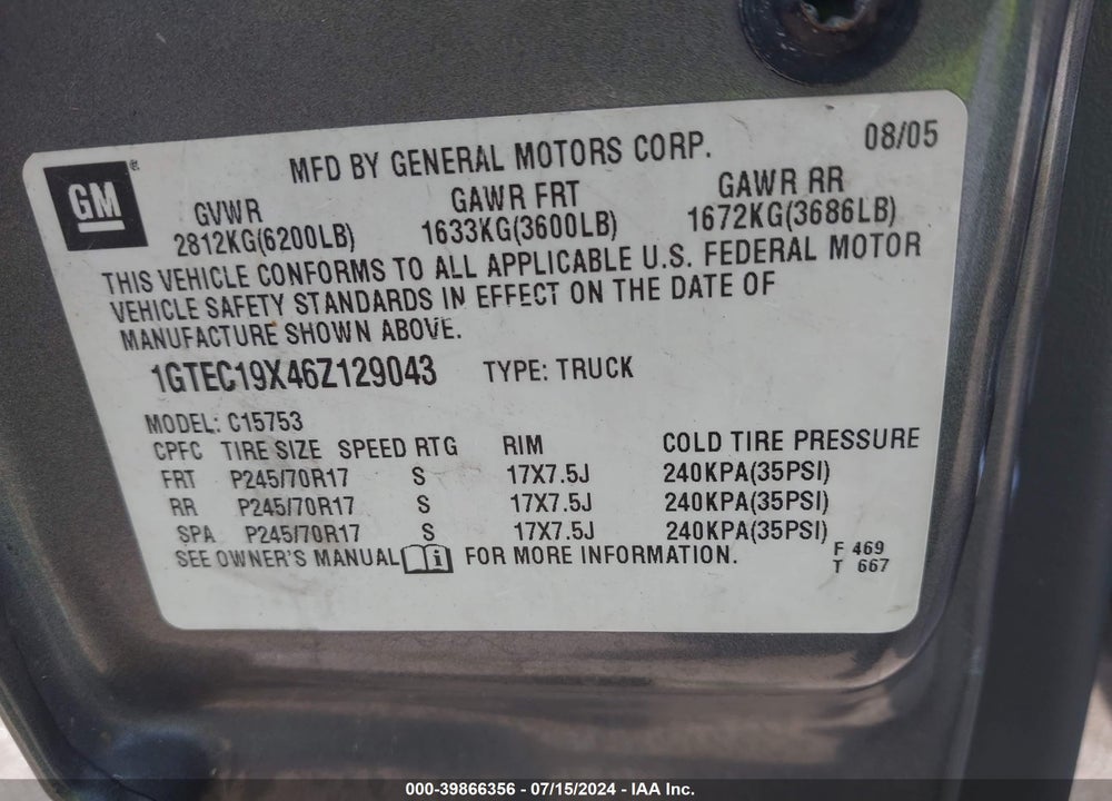 2006 GMC SIERRA 1500 WORK TRUCK VIN: 1GTEC19X46Z129043