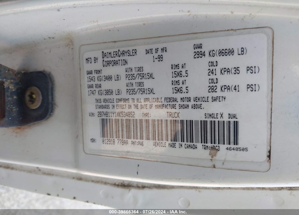 1999 DODGE RAM VAN 1500 COMMERCIAL/CONVERSION VIN: 2B7HB11Y1XK534852