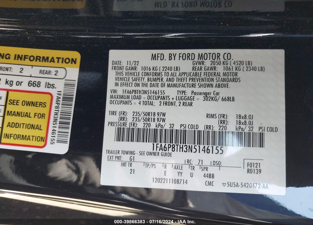 2022 FORD MUSTANG ECOBOOST FASTBACK VIN: 1FA6P8TH3N5146155