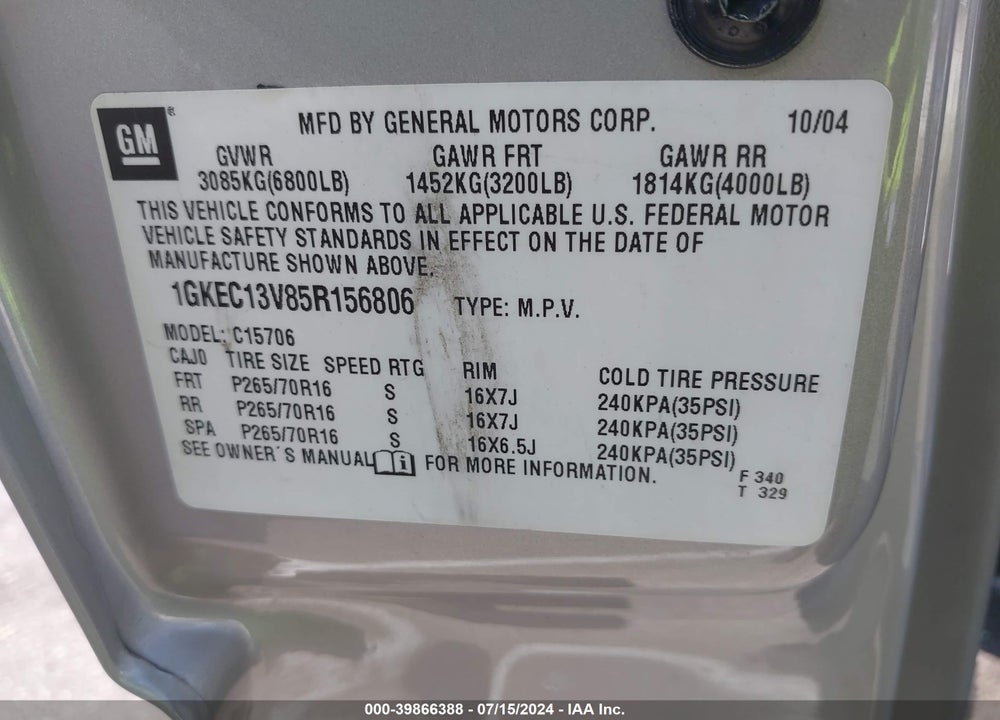 2005 GMC YUKON SLE VIN: 1GKEC13V85R156806