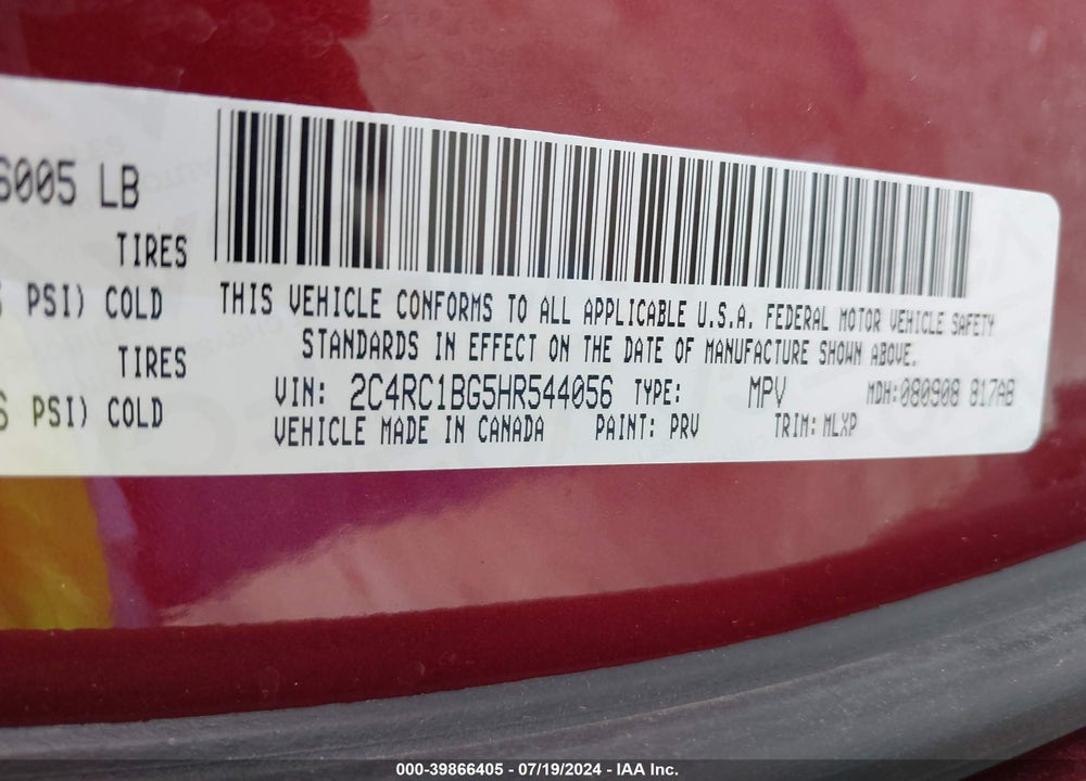 2017 CHRYSLER PACIFICA TOURING L VIN: 2C4RC1BG5HR544056