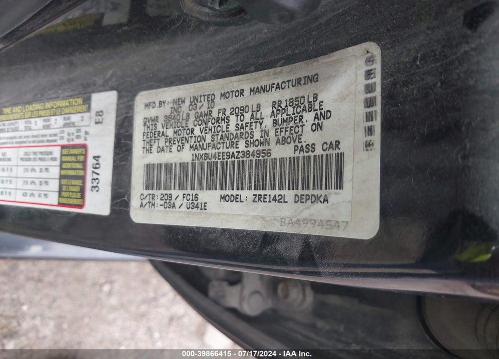 2010 TOYOTA COROLLA LE VIN: 1NXBU4EE9AZ384956