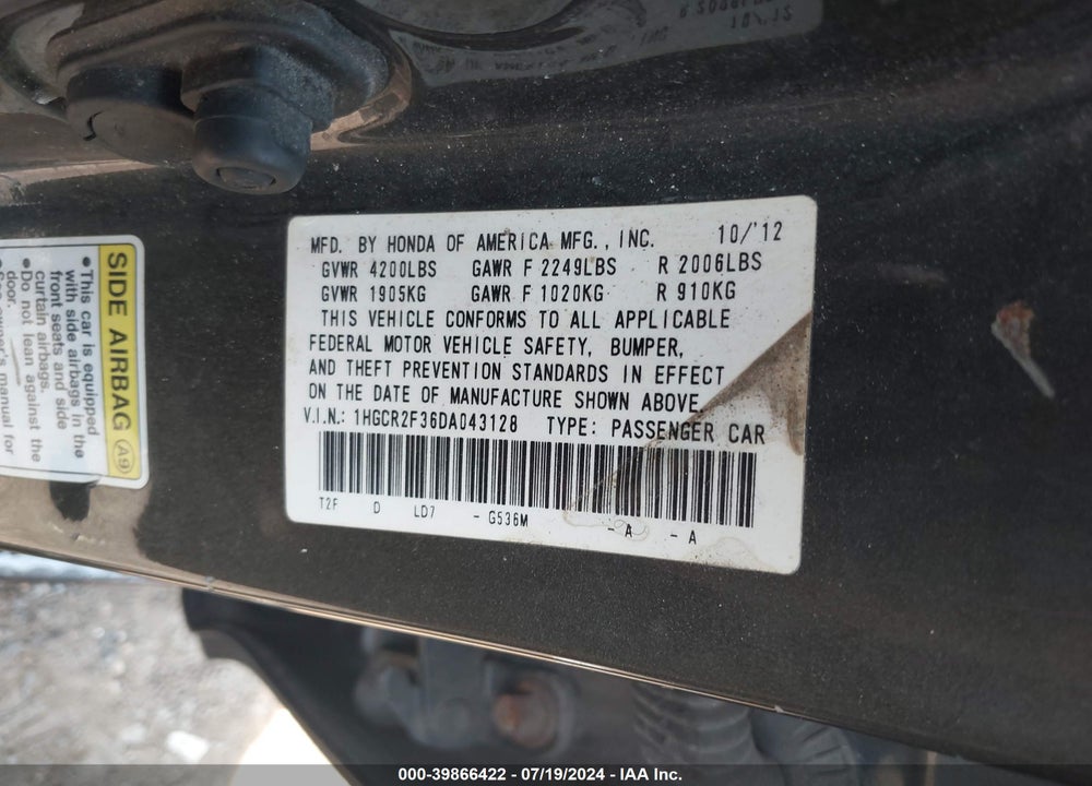 2013 HONDA ACCORD LX VIN: 1HGCR2F36DA043128