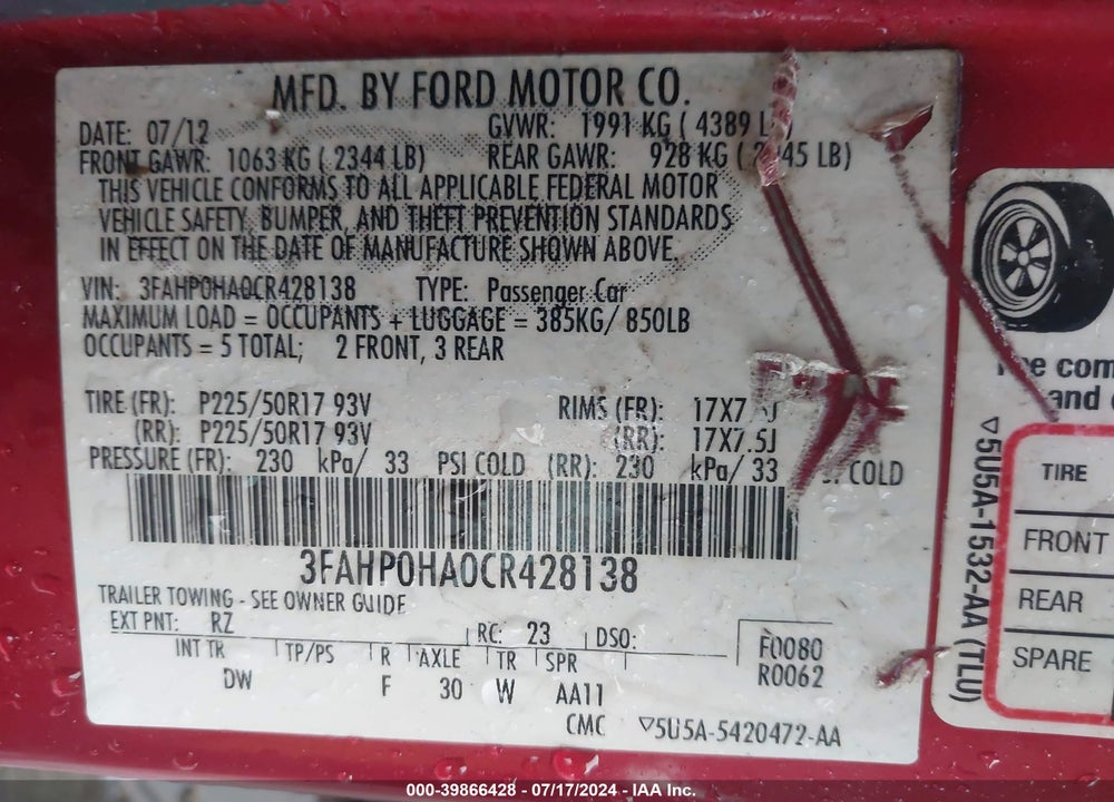 2012 FORD FUSION SE VIN: 3FAHP0HA0CR428138