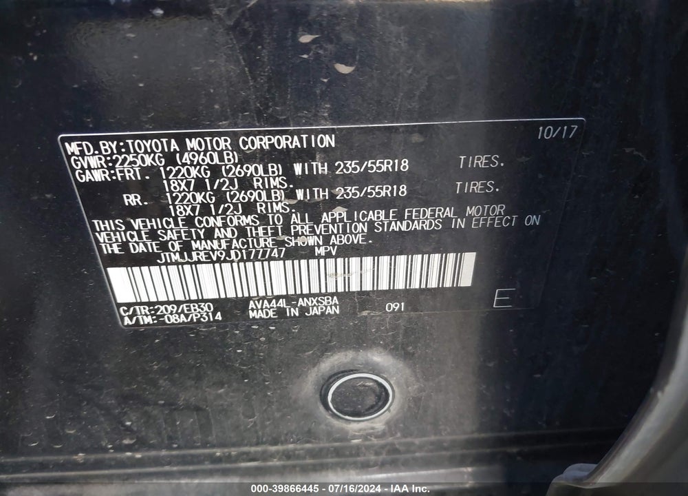 2018 TOYOTA RAV4 HV VIN: JTMJJREV9JD177747