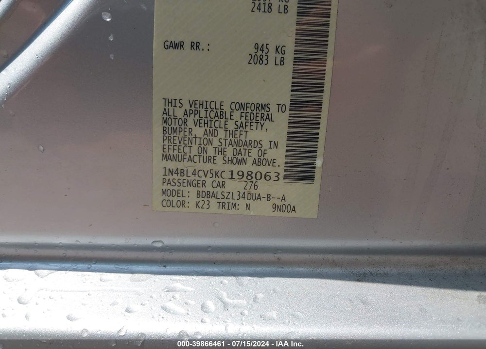 2019 NISSAN ALTIMA VIN: 1N4BL4CV5KC198063