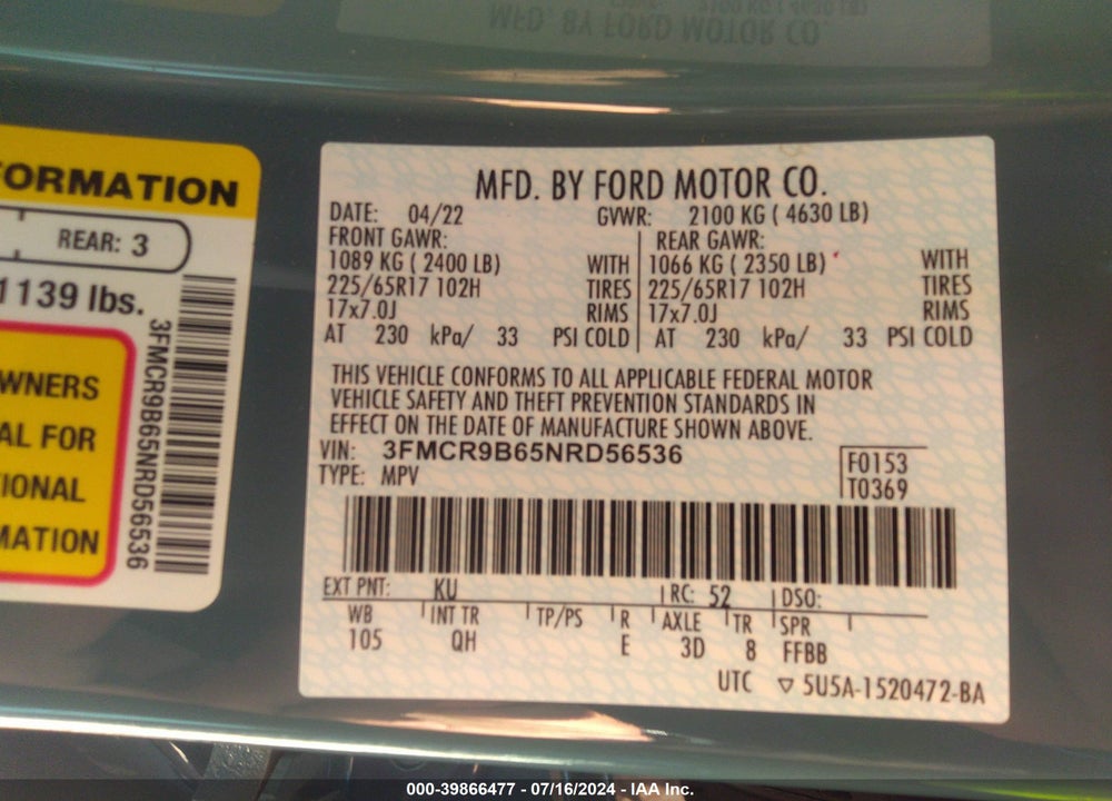 2022 FORD BRONCO SPORT BIG BEND VIN: 3FMCR9B65NRD56536