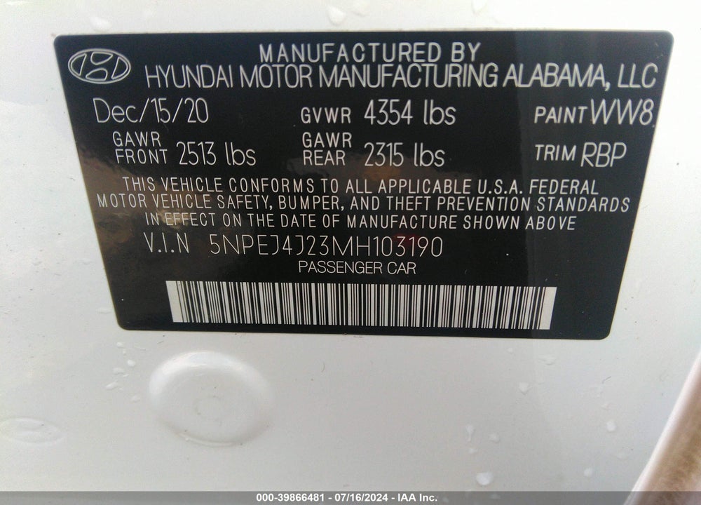 2021 HYUNDAI SONATA SEL PLUS VIN: 5NPEJ4J23MH103190