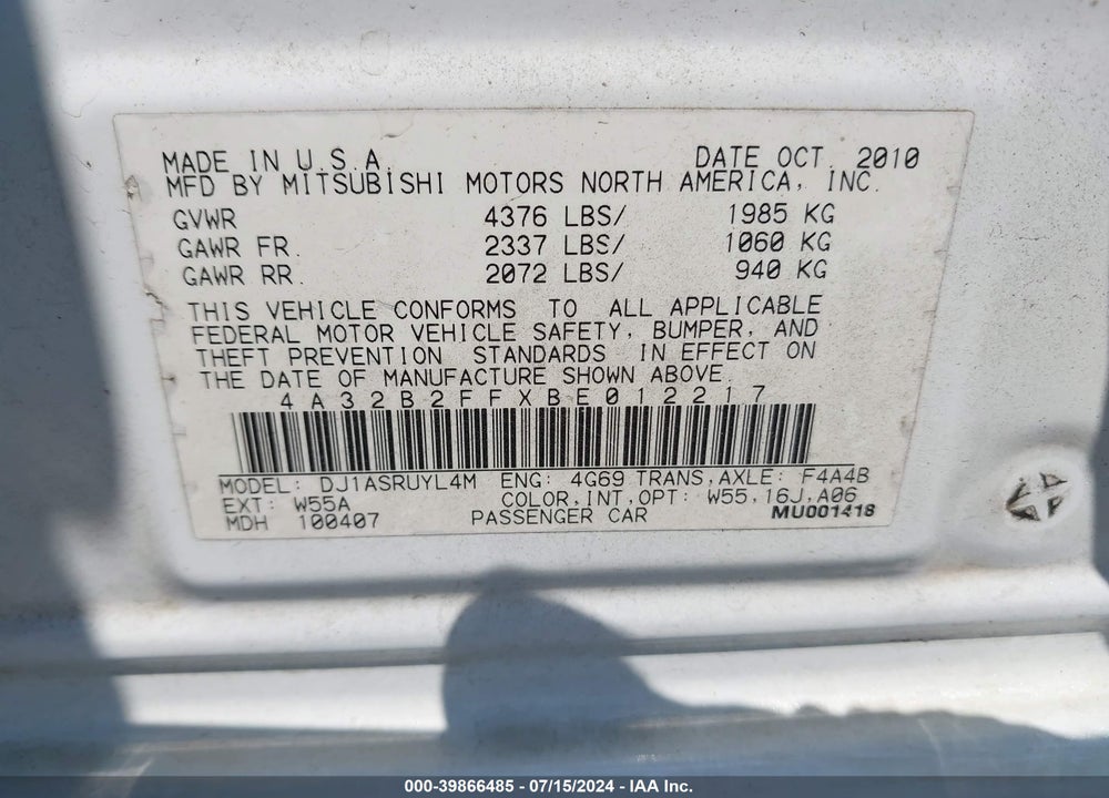 2011 MITSUBISHI GALANT ES VIN: 4A32B2FFXBE012217